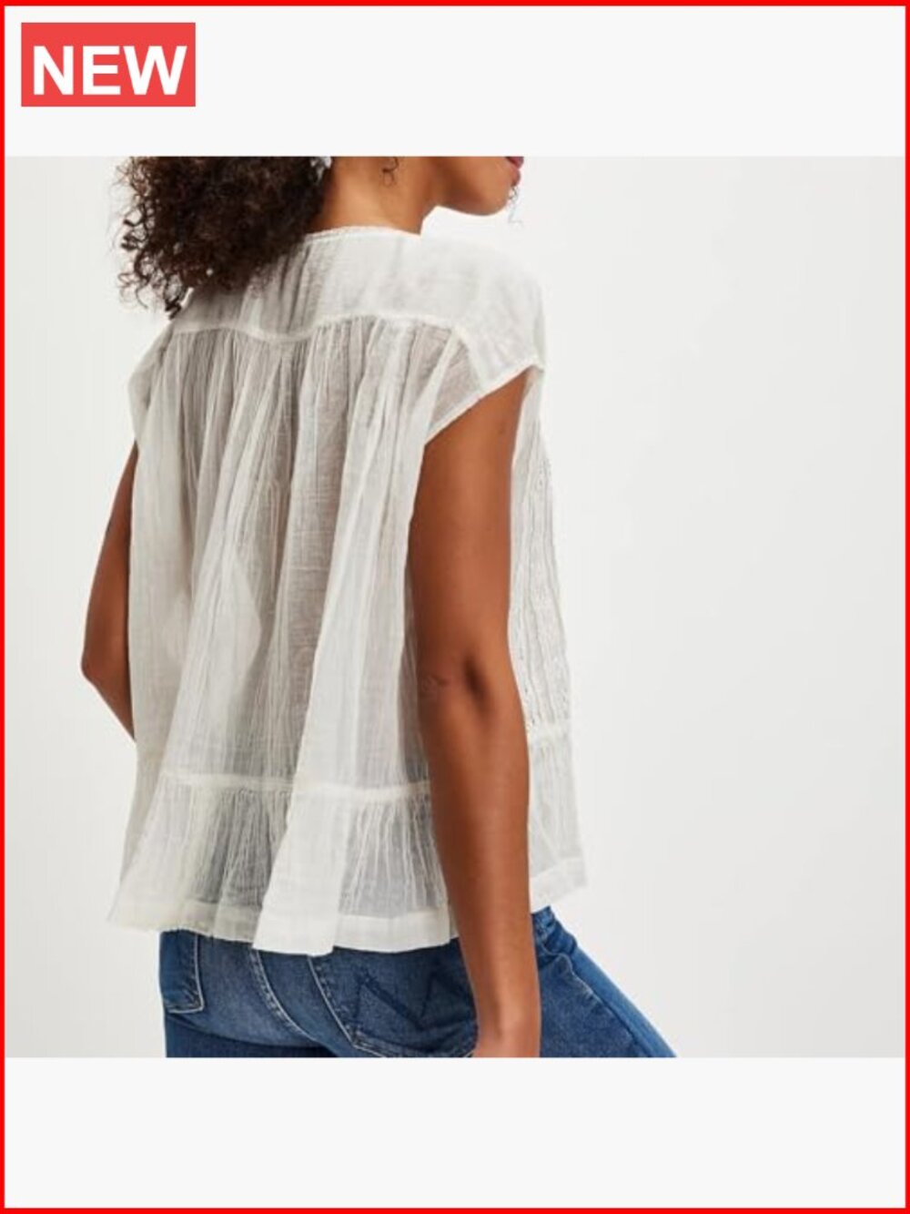 Semi Sheer Button Down Blouse Square Neck Lace Ruffle Trim Cap Sleeve Casual - Picture 4 of 6